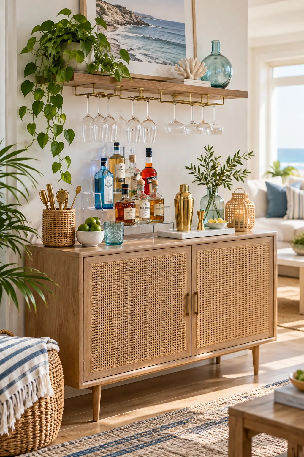 A bright coastal home bar on a white oak console with a rattan canister and sea glass accents.