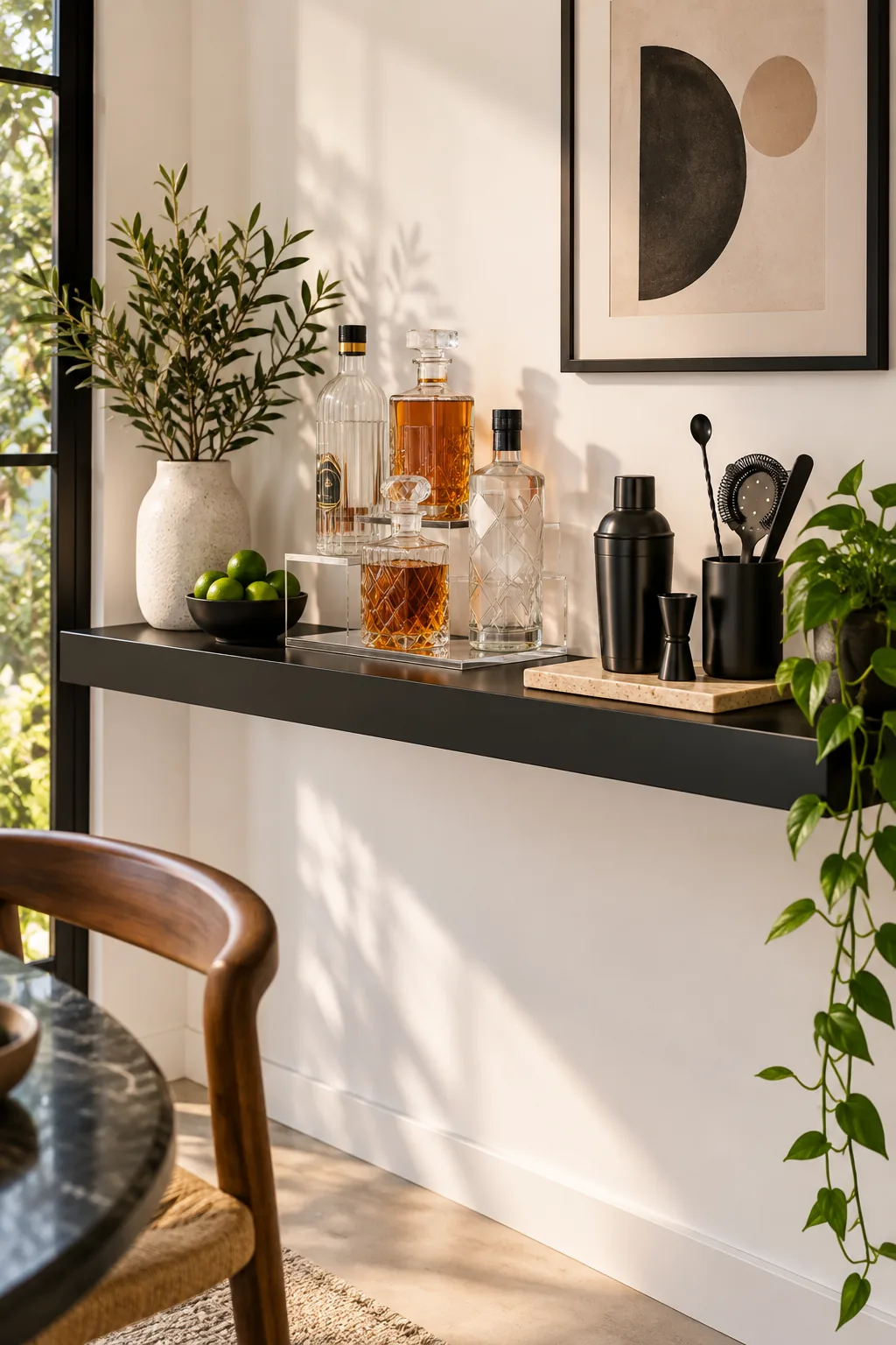 A minimalist home bar on a black floating shelf with geometric bottles and a travertine stone.