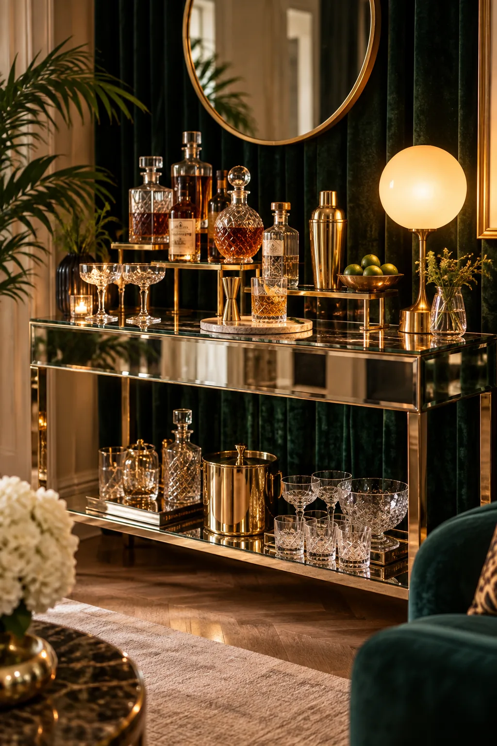 A glamorous art deco home bar on a mirrored console with crystal decanters and polished brass.
