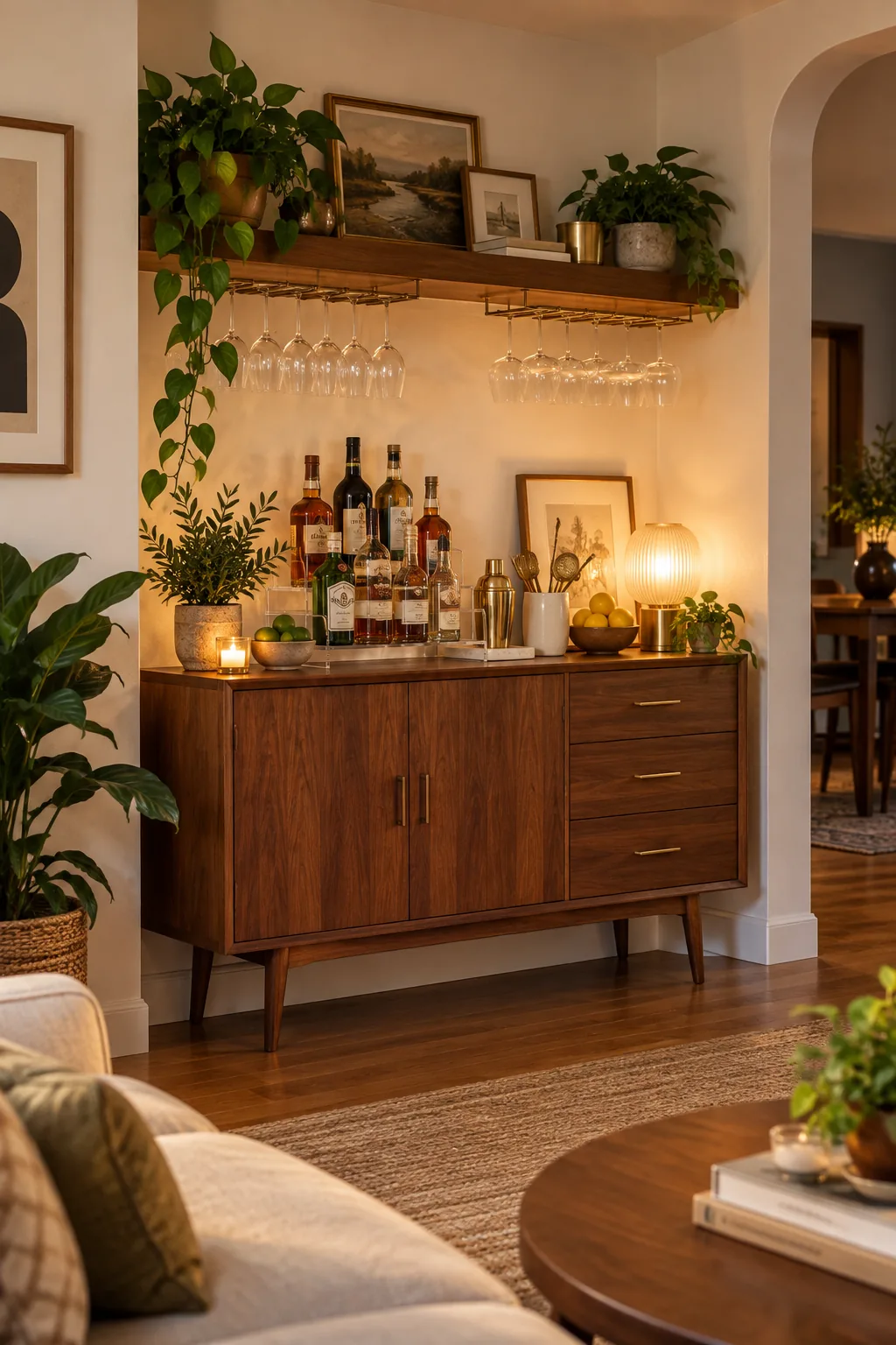 A sleek mid-century wooden console table styled as a bar, sitting neatly in a living room alcove.