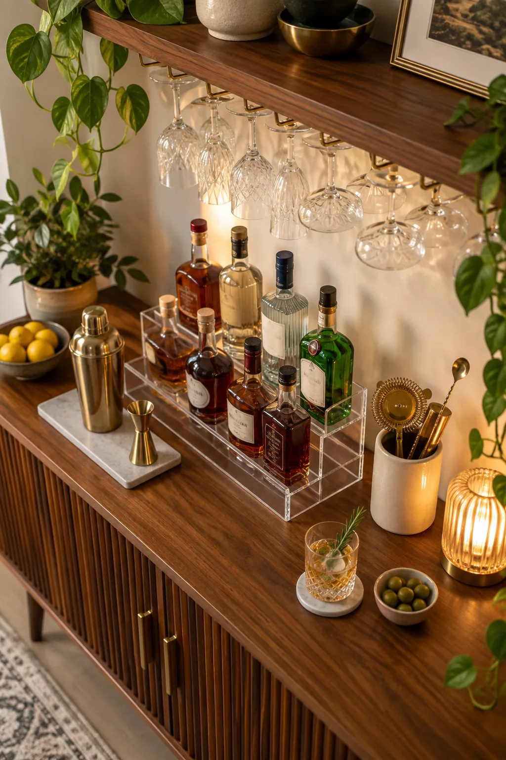 Crystal wine glasses hanging from a brass rack mounted underneath a floating wooden shelf.