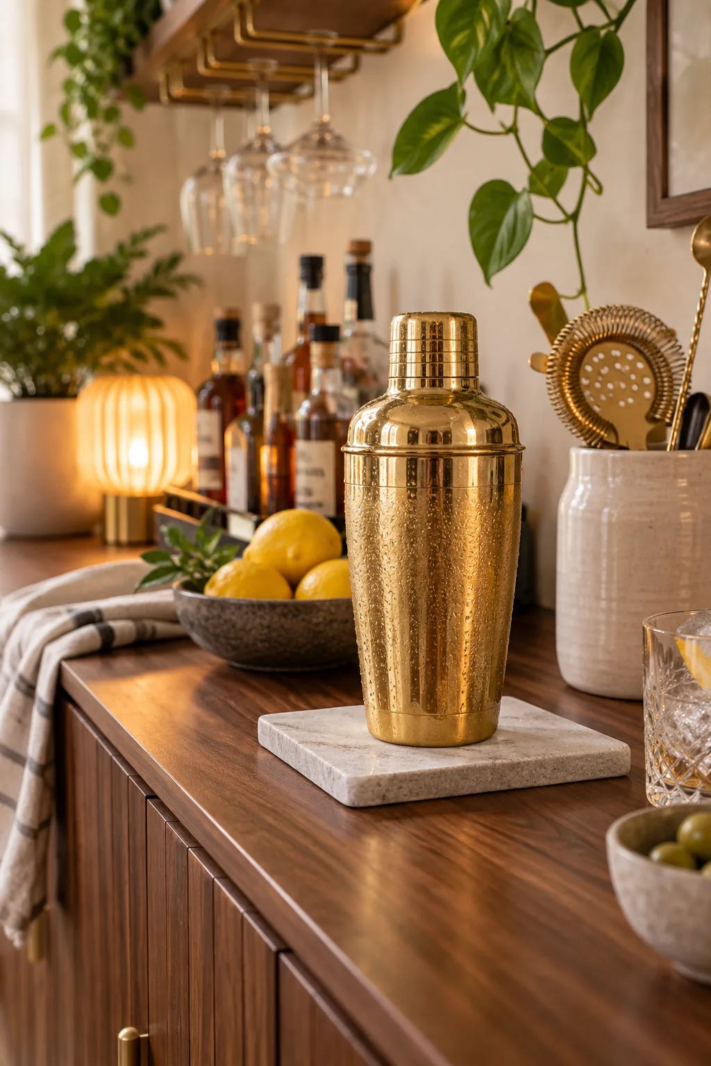 A brass cocktail shaker sitting on a gray porous stone mat on top of a wooden console.