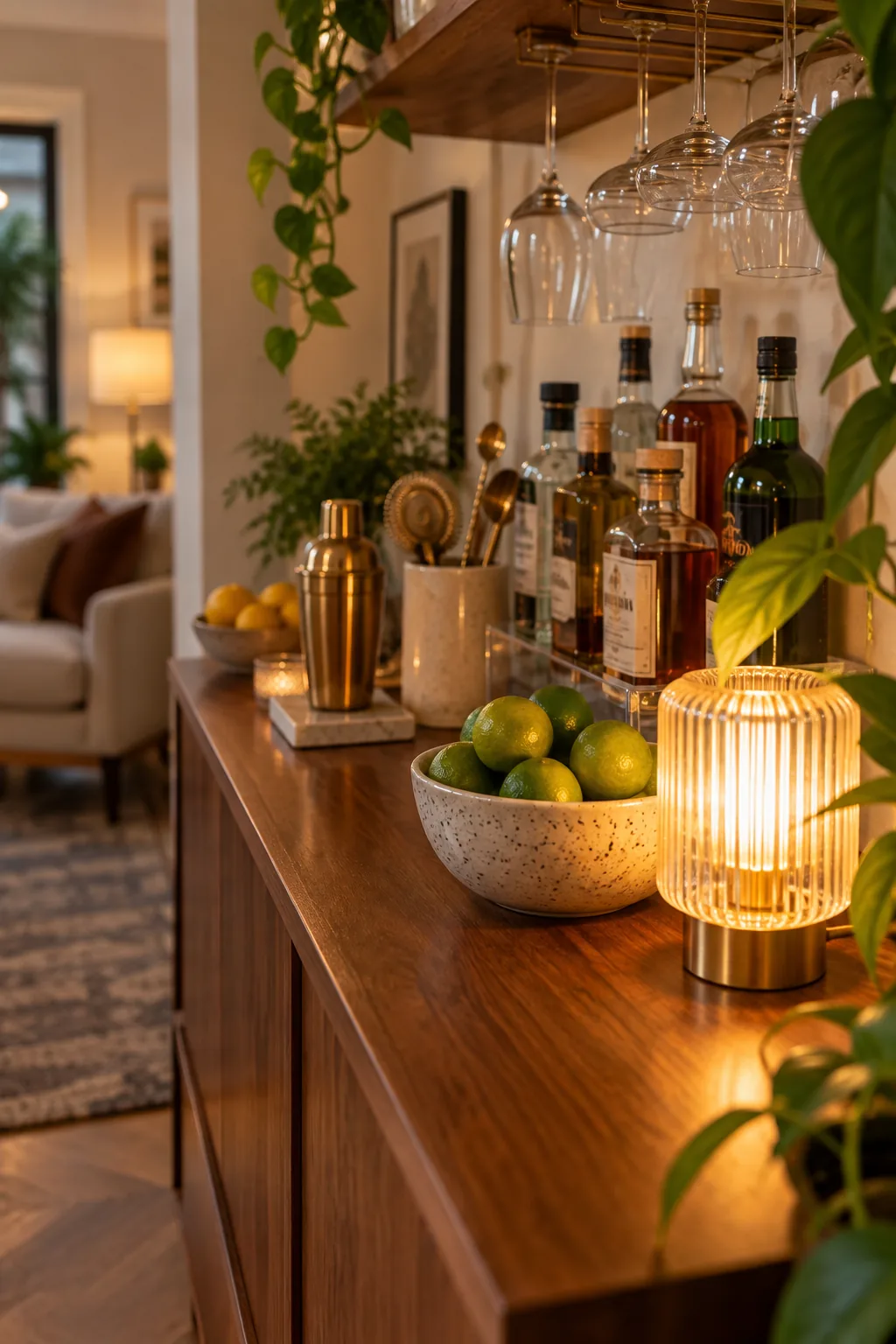 A small ribbed glass cordless lamp glowing warmly next to a bowl of limes on a bar.
