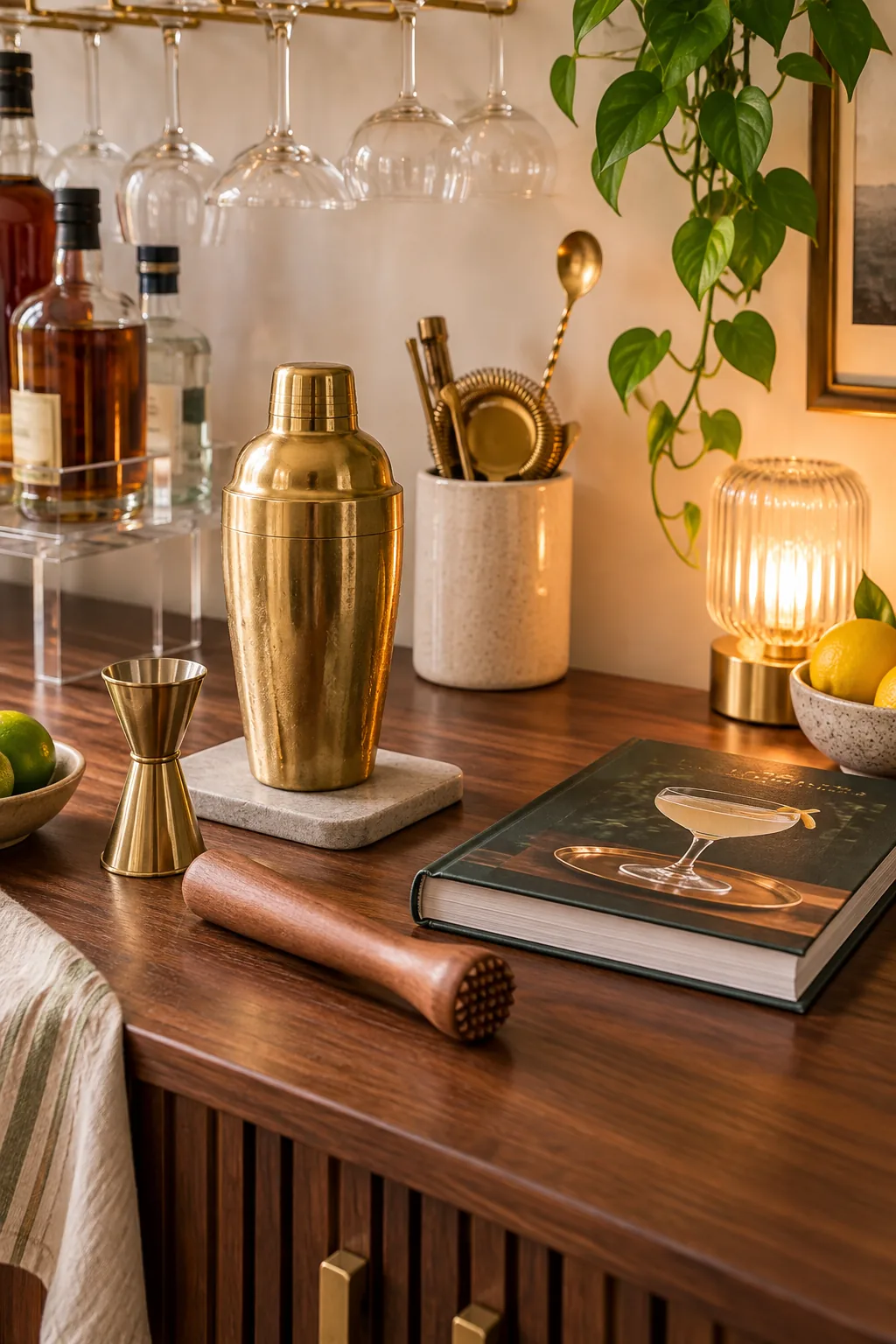 An overhead view of essential bar tools including a shaker, jigger, muddler, and a cocktail book neatly arranged.