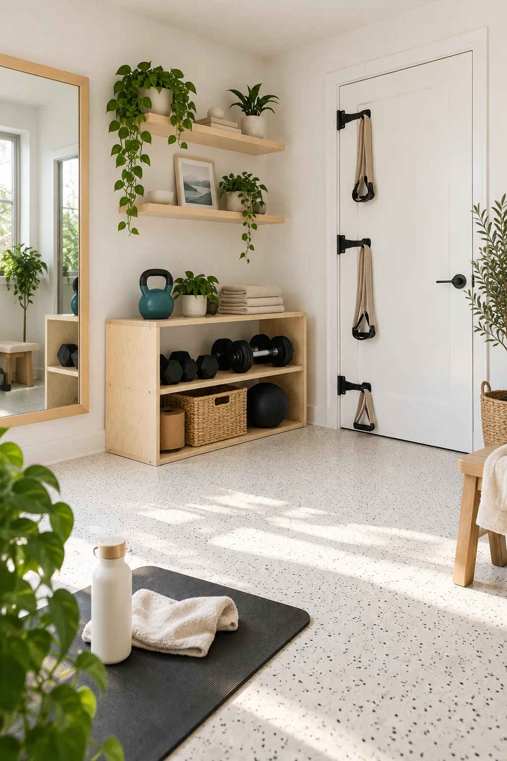 A minimalist Scandinavian home gym corner with birch wood shelves and white speckled flooring.