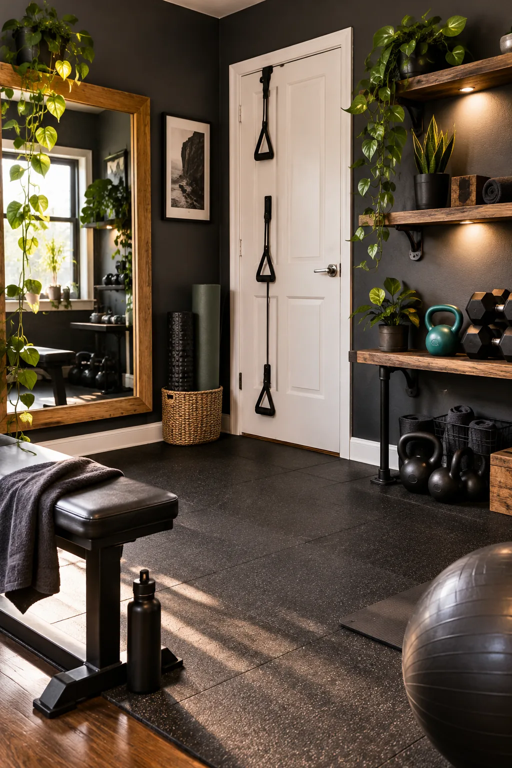 A moody industrial home gym corner with dark walls, walnut shelves, and black bands.