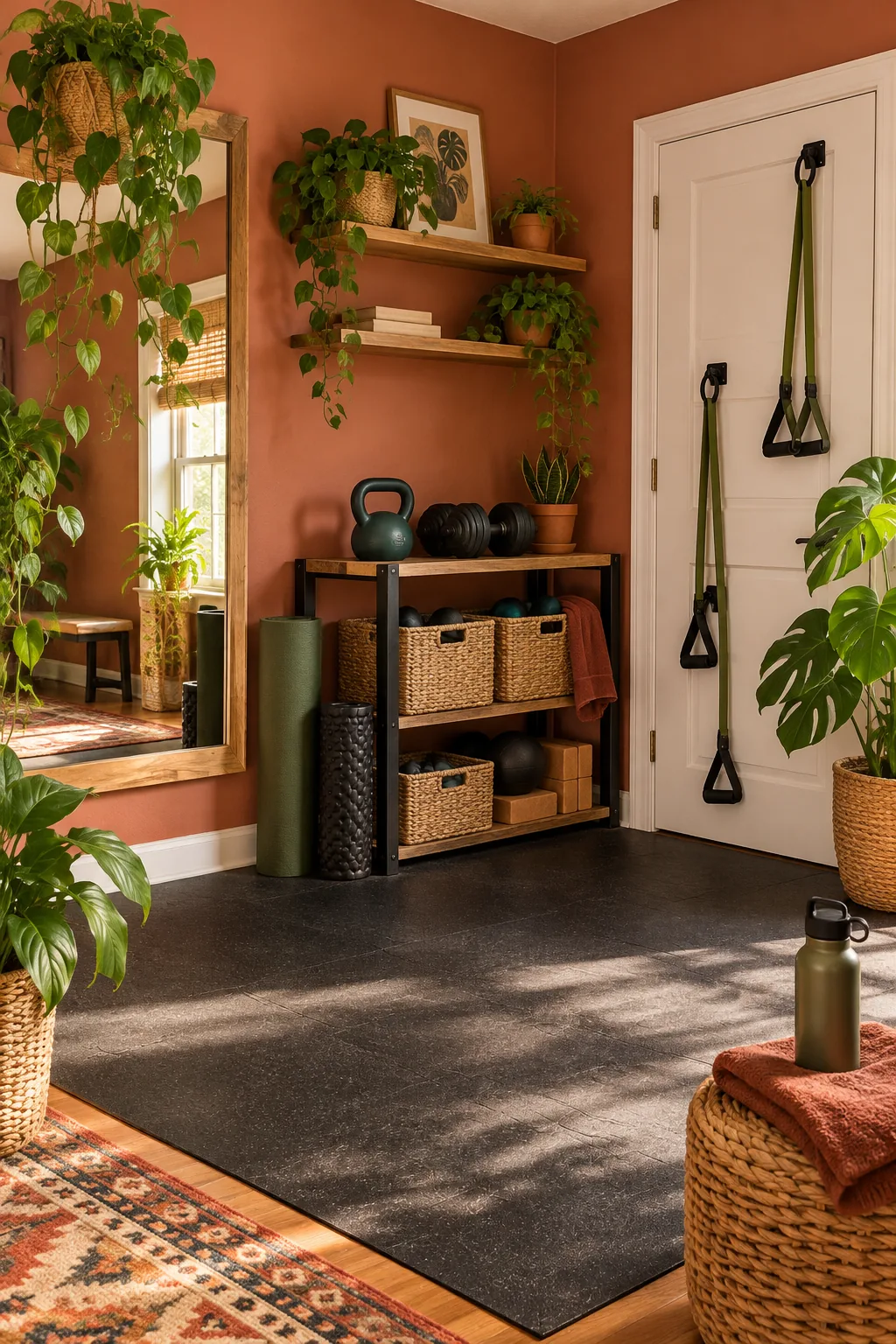 A bright bohemian home gym corner with terracotta accents, rattan baskets, and olive green bands.