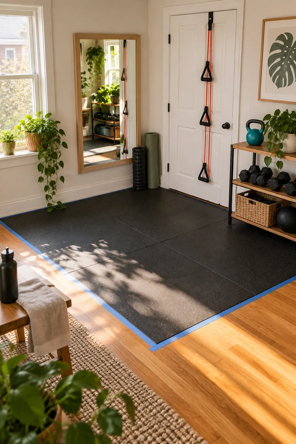 High-angle view of a black rubber gym mat on a hardwood floor, bordered by blue painter's tape.