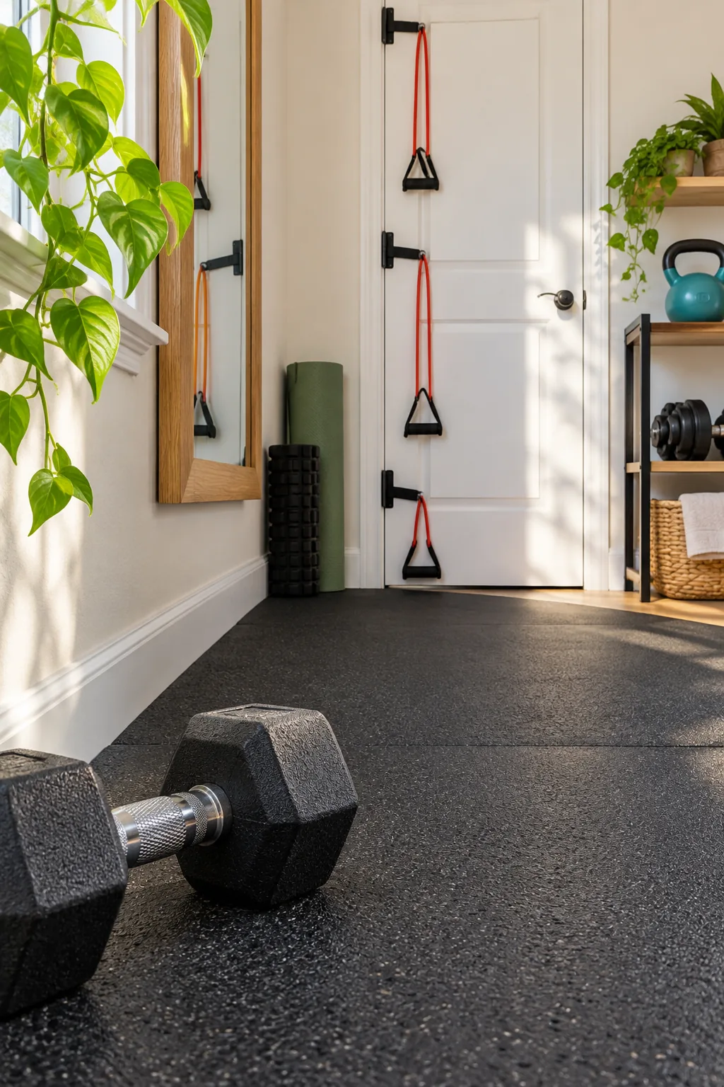 Close-up of a thick black rubber stall mat against a white baseboard with a dumbbell resting on it.