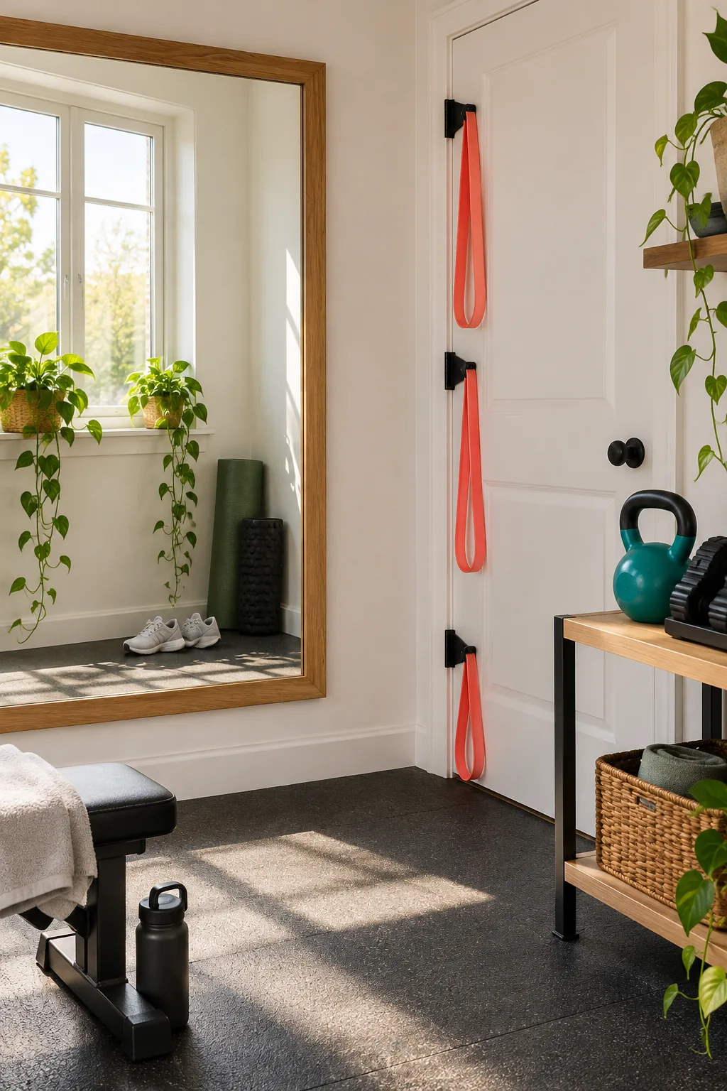 A closed white door with three coral resistance bands anchored at the top, middle, and bottom hinges.
