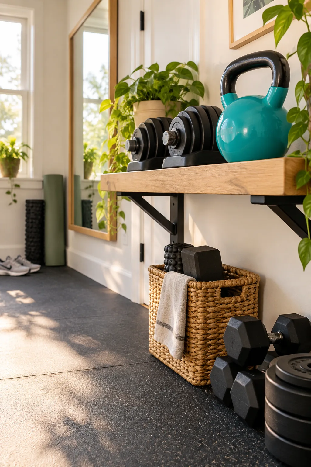 Low-angle view of a wood-framed mirror mounted slightly above a black rubber gym floor.