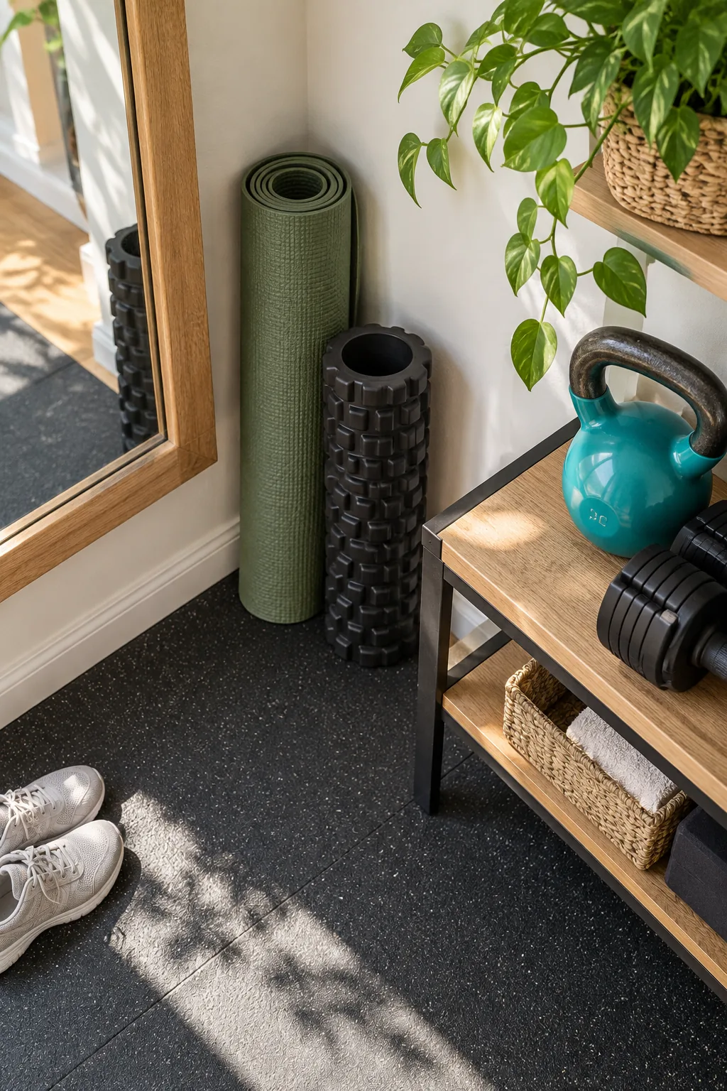 A wood and metal shelf holding a teal kettlebell and adjustable dumbbells.