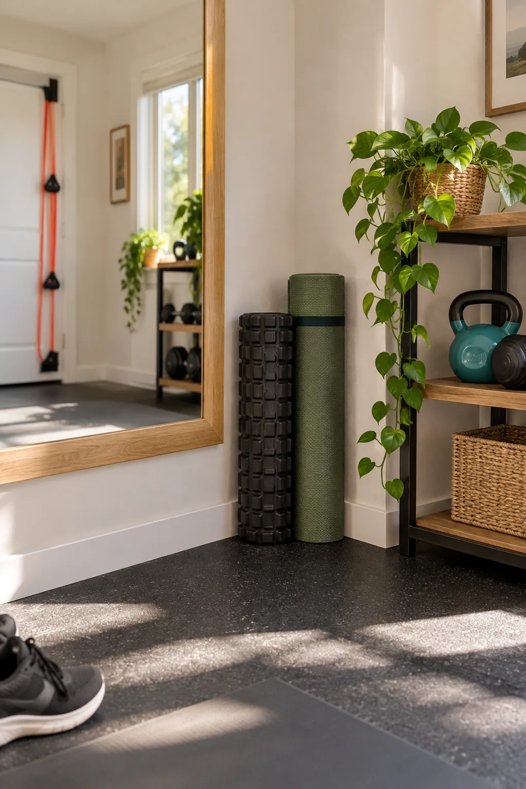 A black foam roller and green yoga mat stored vertically against the wall next to a mirror.
