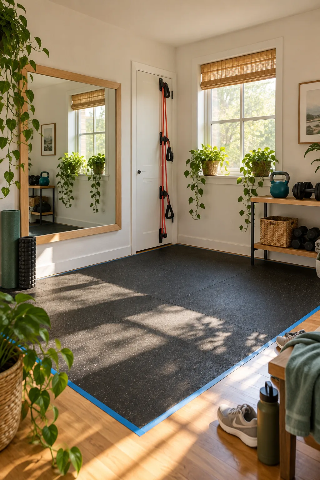 Trailing pothos plants in woven baskets reflecting in a large wall mirror.