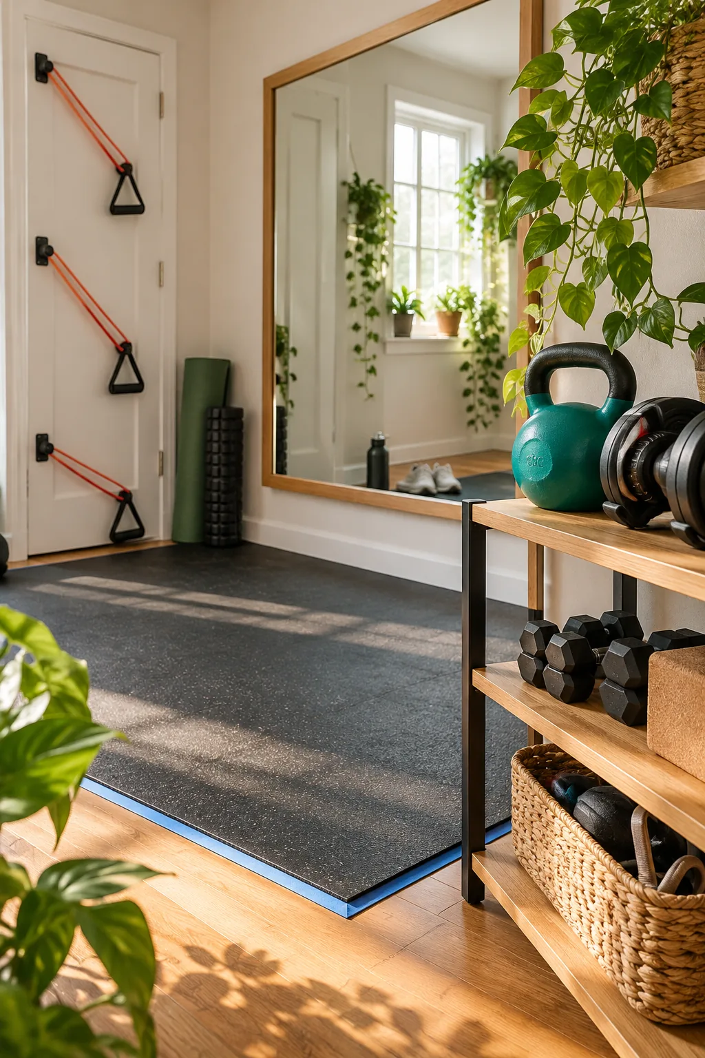 A complete, sunlit 2x2 meter home gym corner with a rubber mat, mirror, weights, and door bands.