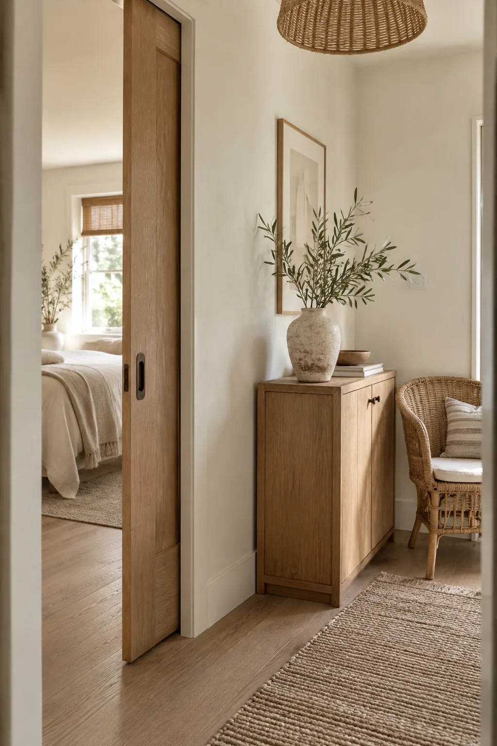 A white pocket door sliding into a wall to reveal a small laundry room