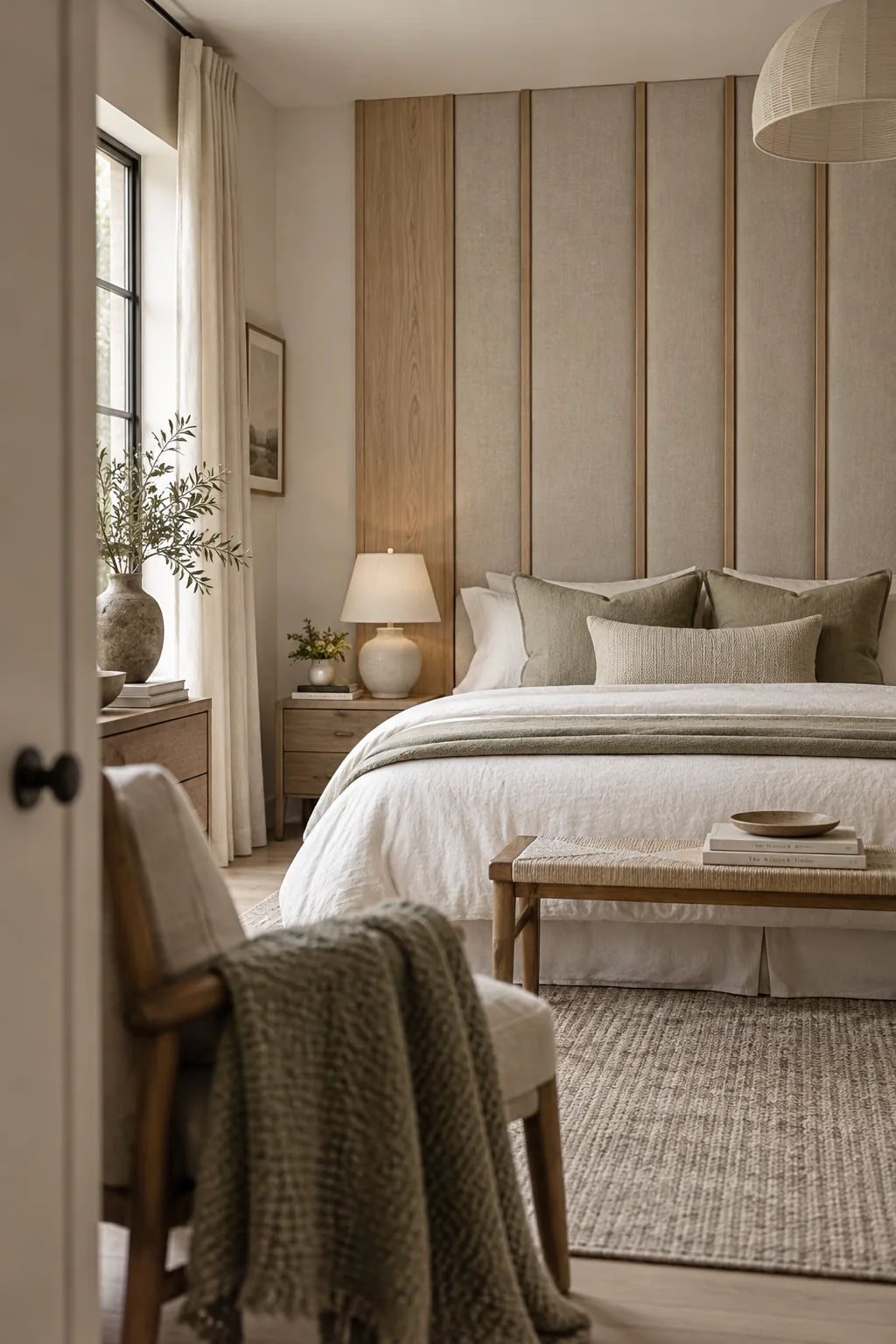 A bedroom with an upholstered headboard reaching all the way to the ceiling