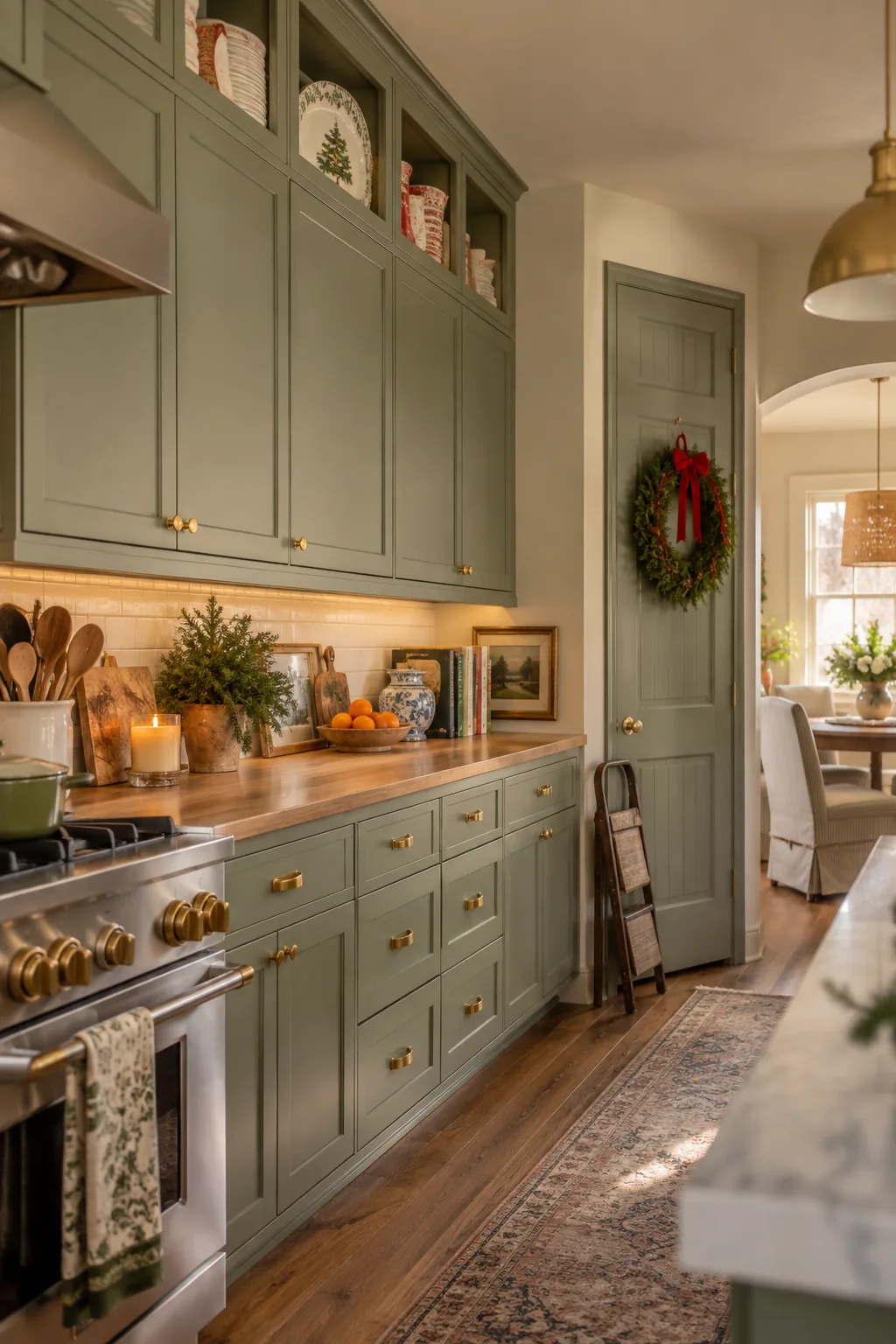 A small kitchen with white cabinets reaching the ceiling