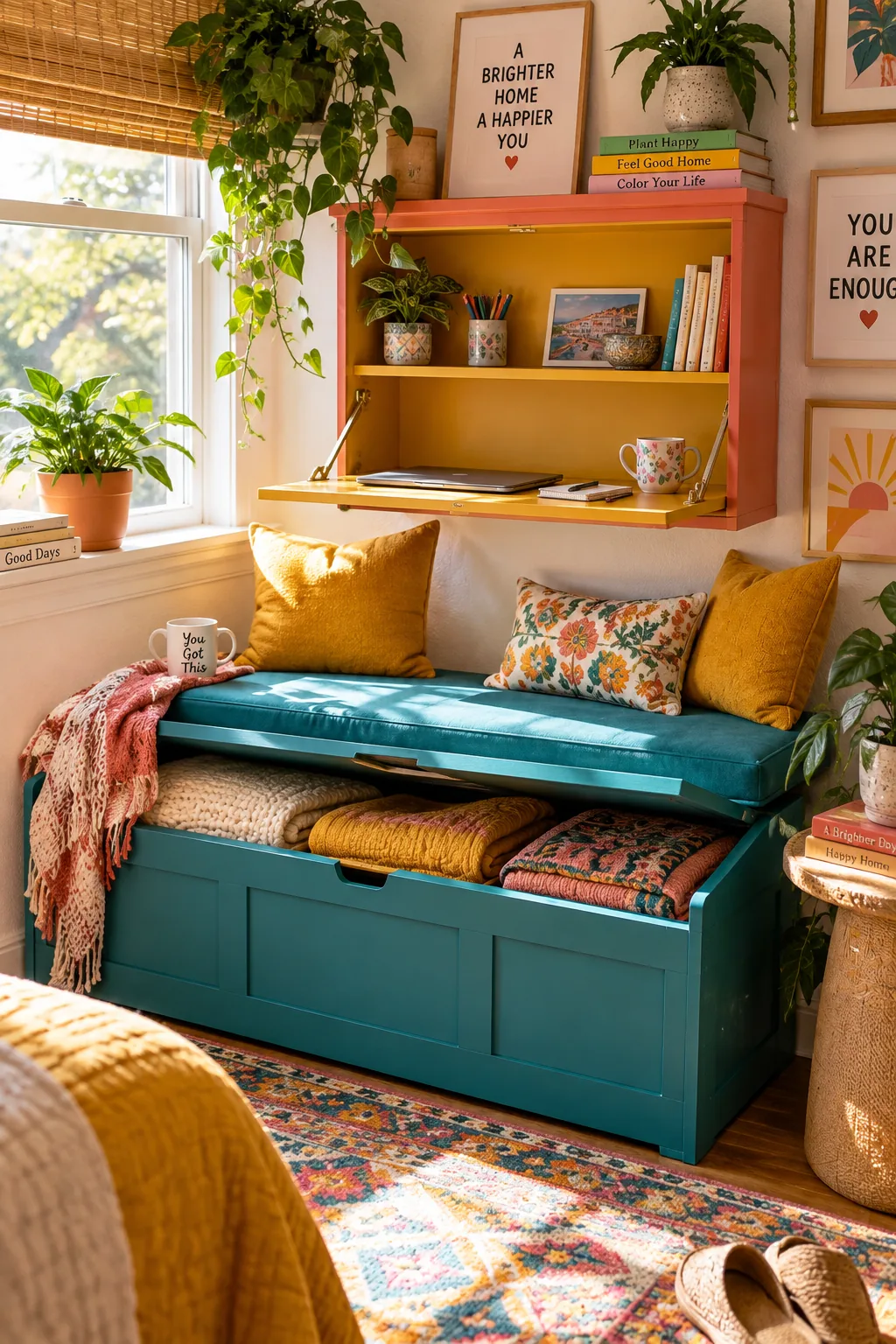 A living room featuring a tufted ottoman that opens for storage