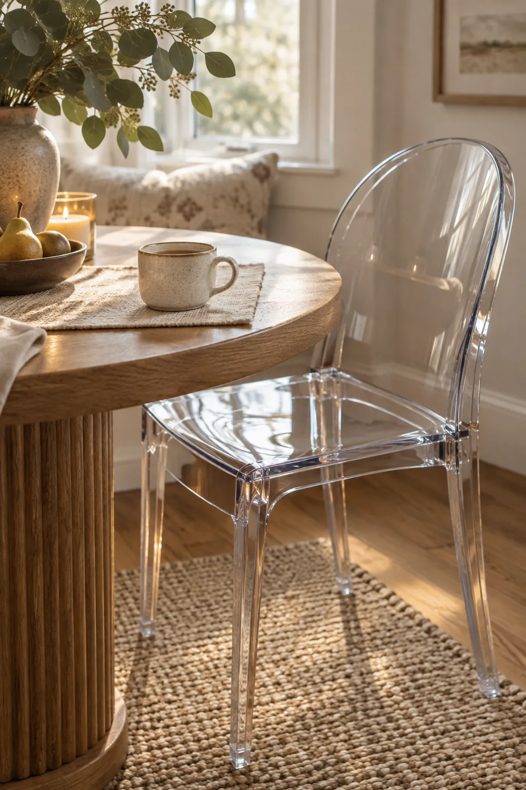 A small round dining table surrounded by clear acrylic chairs