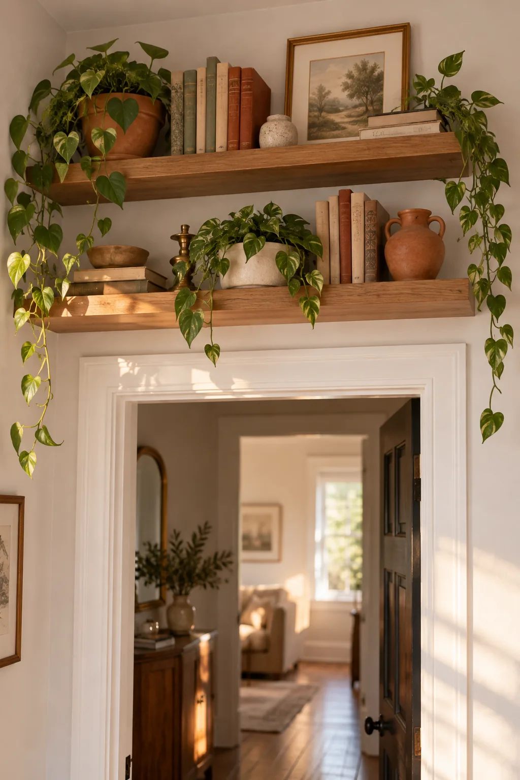 Floating wood shelves filled with books mounted above a bedroom doorway