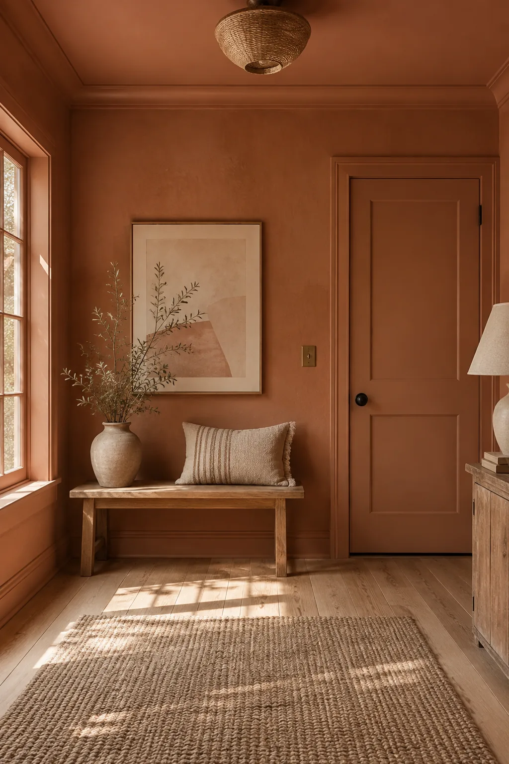 A small bedroom painted entirely in a muted sage green