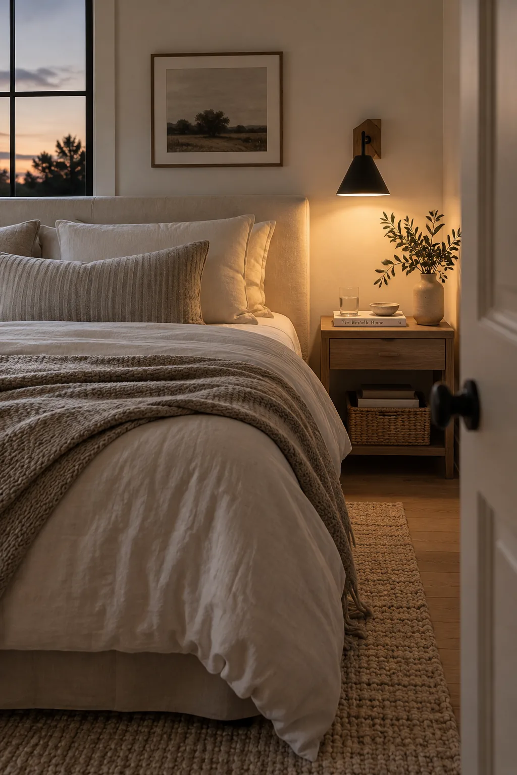 Brass wall sconces mounted above small wooden nightstands