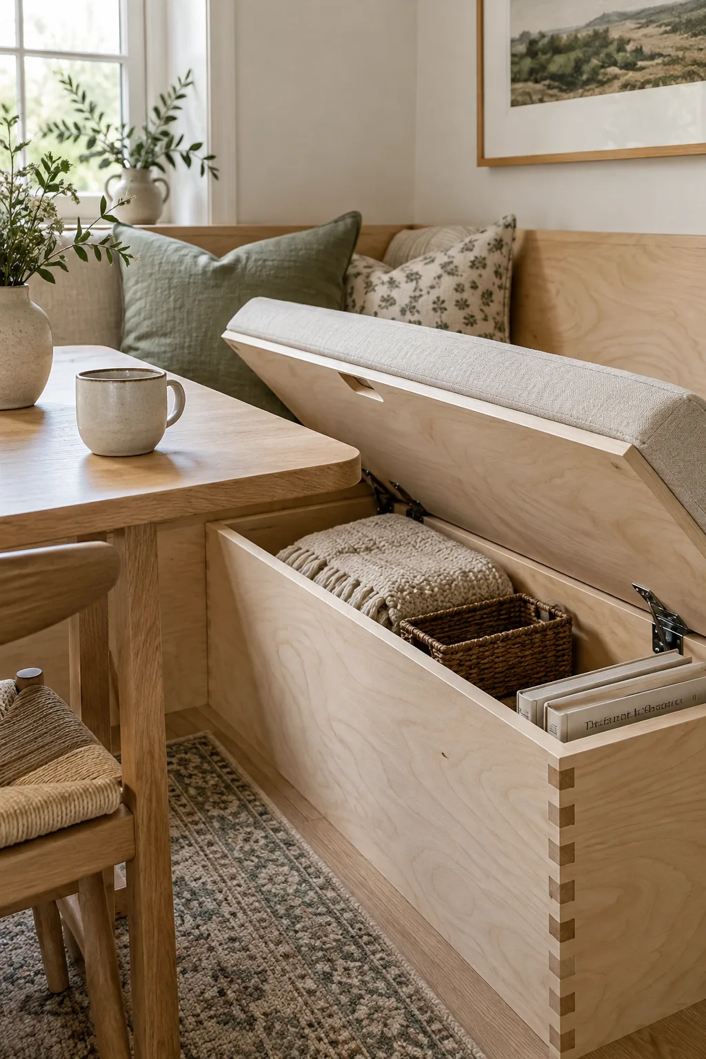 A corner dining nook with built-in bench seating and a round table