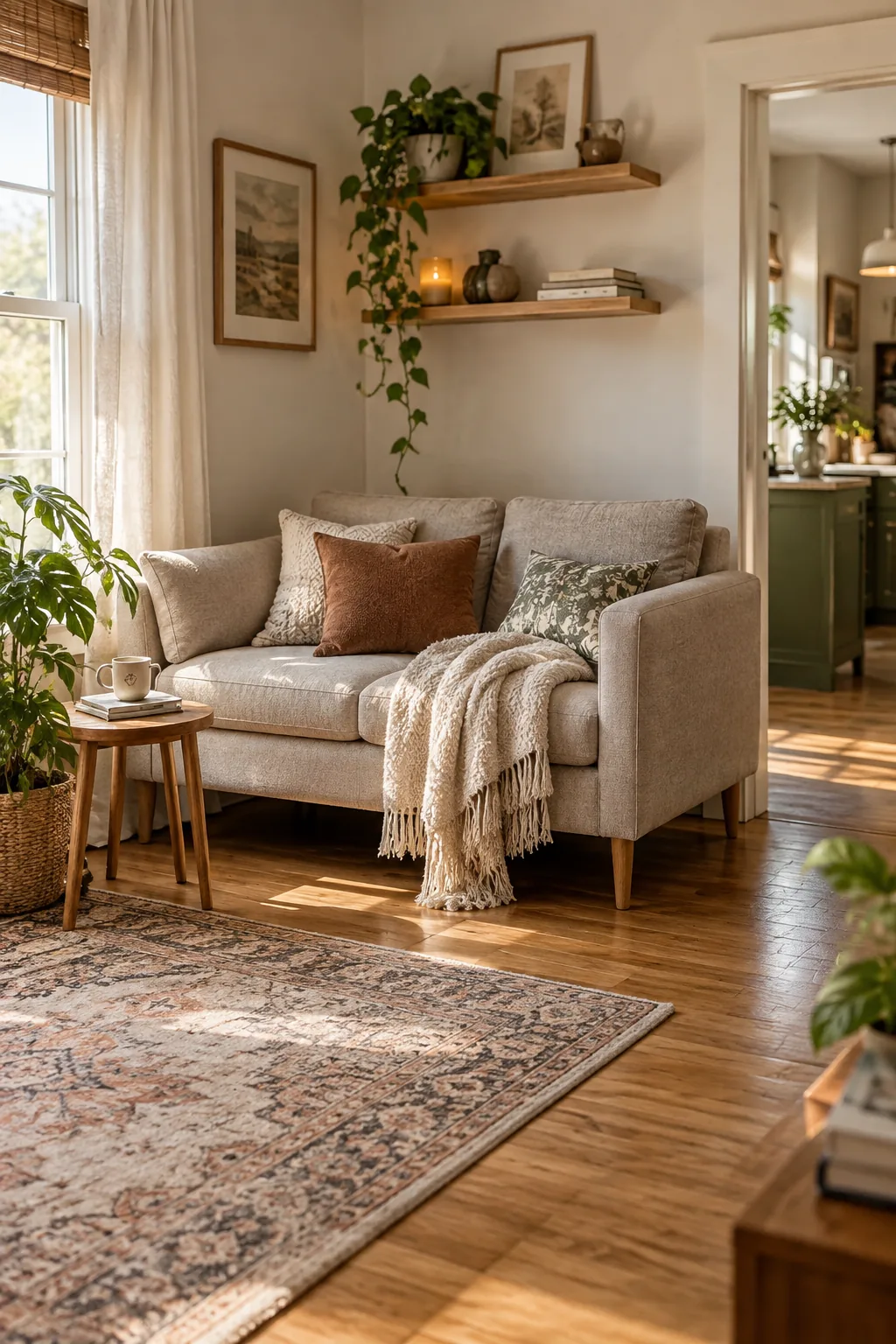 A slim mid-century modern sofa with exposed wooden legs