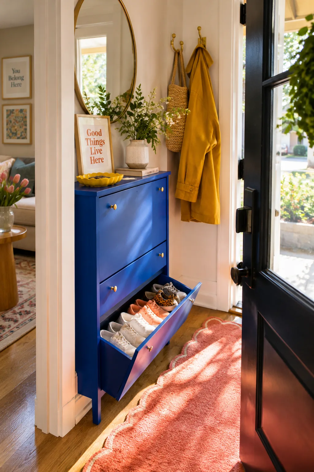 A narrow white shoe cabinet with tilt-out drawers in an entryway