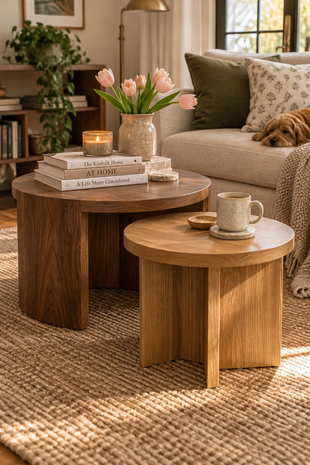 Three round nesting tables stacked together in a living room