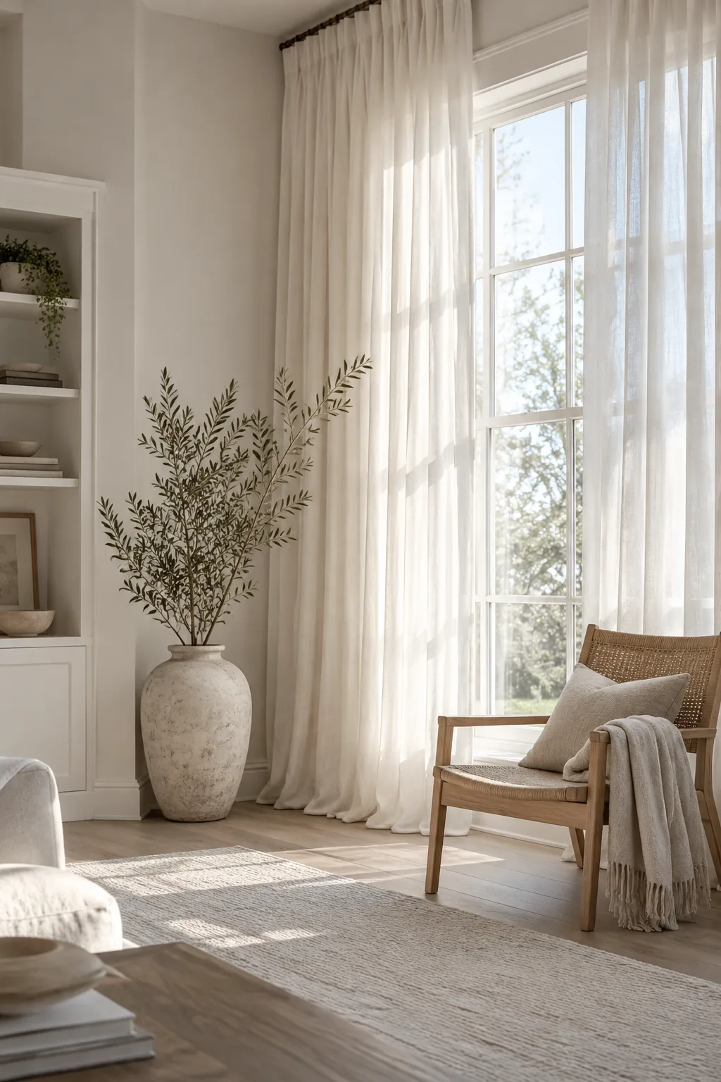 Long linen curtains hung right below the ceiling molding