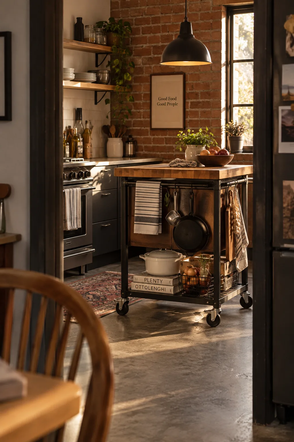 A metal utility cart with a butcher block top used as a small kitchen island.