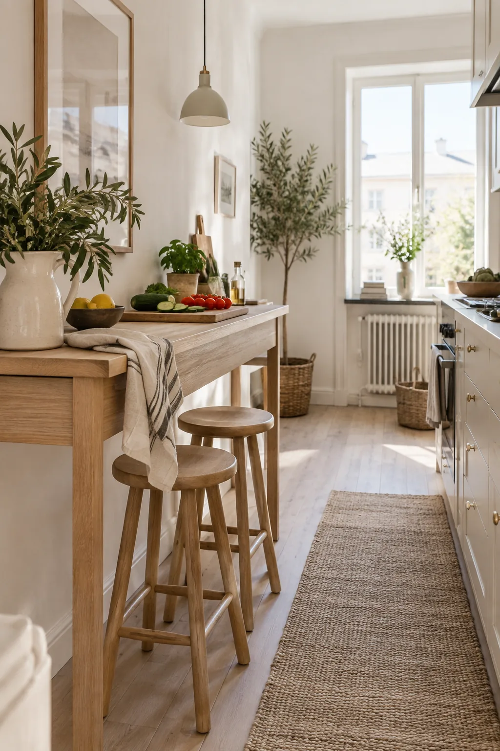 A narrow wooden sofa table with two backless stools tucked underneath in a small kitchen.