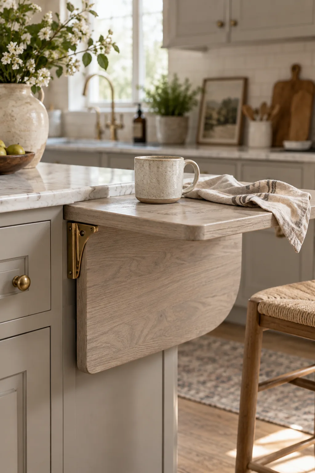A small kitchen island with a wooden drop-leaf extension extended for dining.