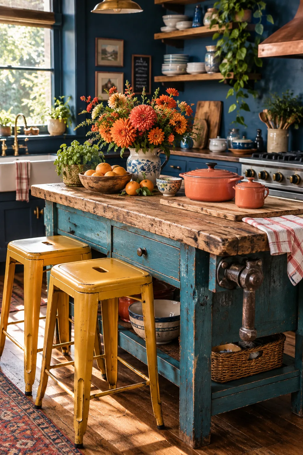 A vintage wooden workbench serving as a kitchen island with pots on the lower shelf.
