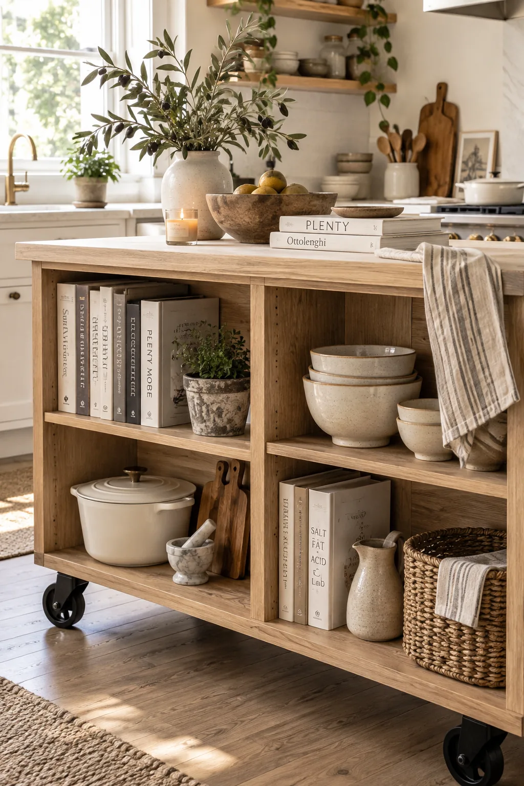 Two small bookshelves placed back-to-back with a quartz countertop acting as a kitchen island.