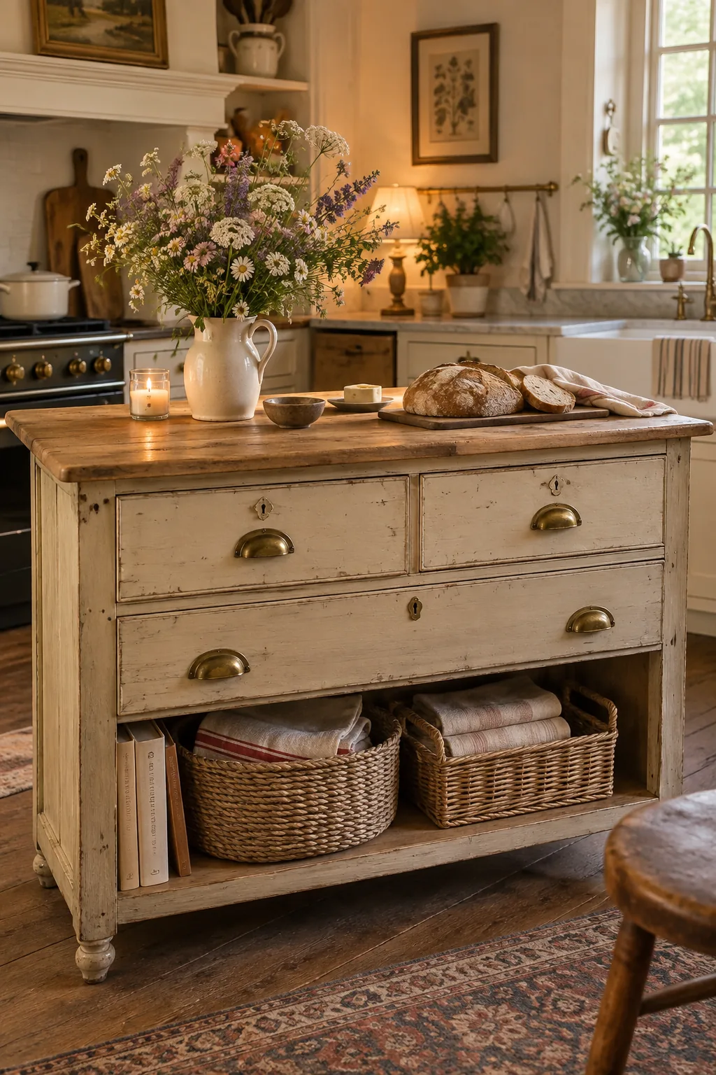 An antique wooden dresser painted white with a sealed wood top functioning as a kitchen island.
