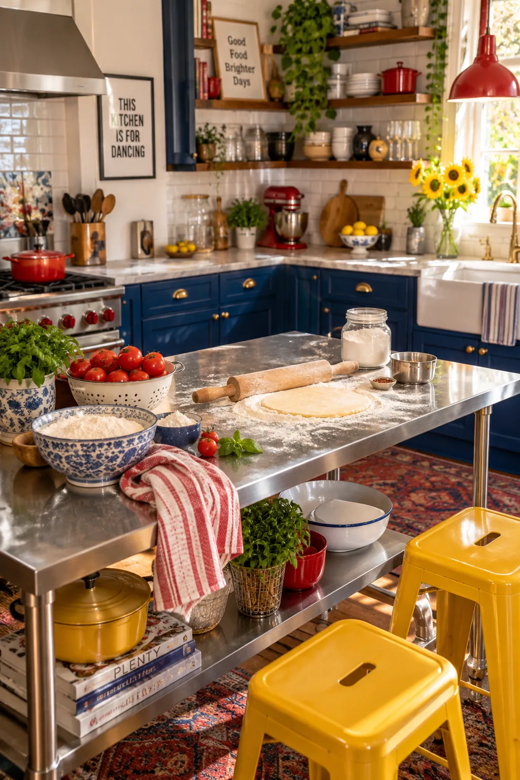 A stainless steel commercial prep table in a small home kitchen.