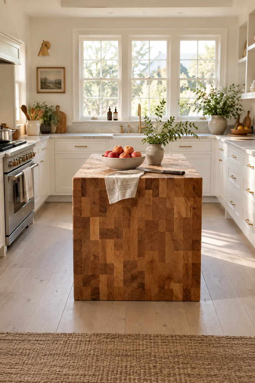 A thick square butcher block cube on wooden legs in the center of a U-shaped kitchen.