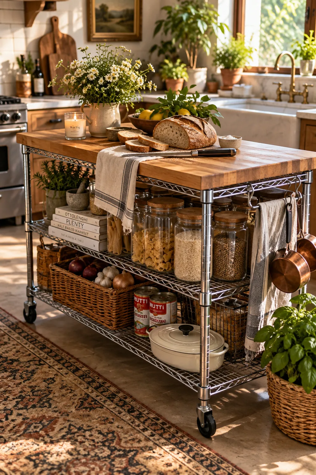 A chrome wire shelving unit topped with a large wooden cutting board in a small kitchen.