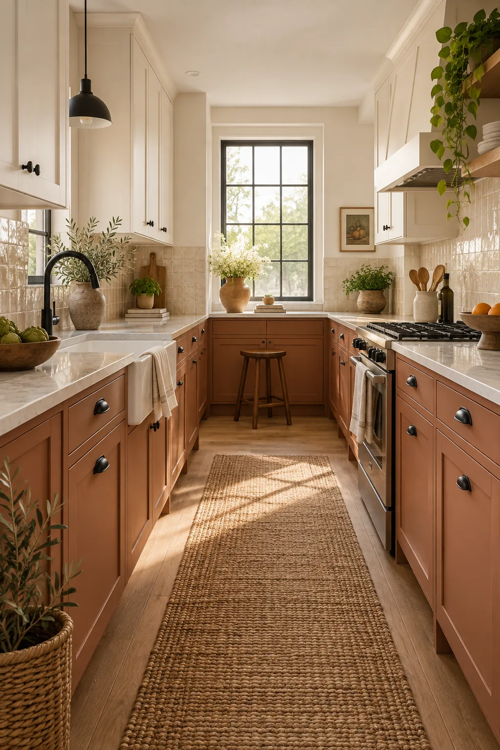 Kitchen with earthy terracotta lower cabinets and creamy white upper cabinets.