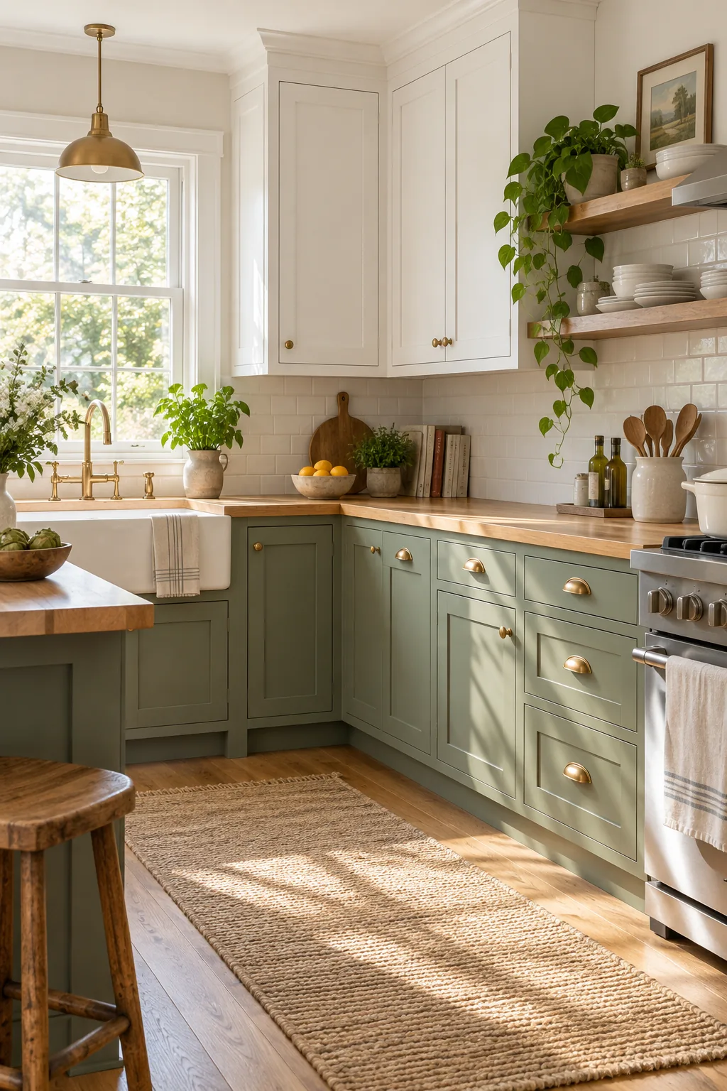 Kitchen featuring sage green base cabinets and crisp white upper cabinets.