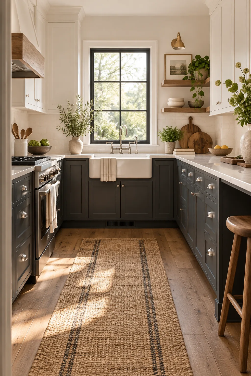 Kitchen with deep charcoal grey lower cabinets and linen-white upper cabinets.