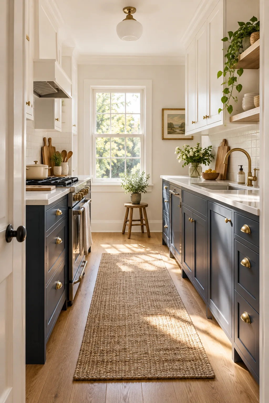 Establishing shot of a galley kitchen with dark base cabinets and white upper cabinets.