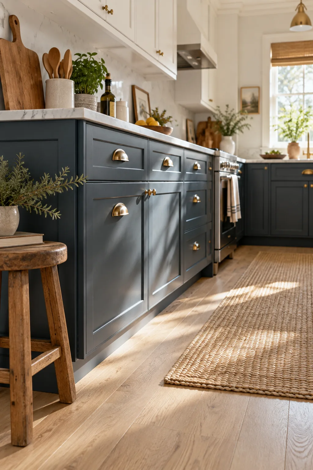 Dark slate-blue painted base cabinets with brass hardware over light wood flooring.