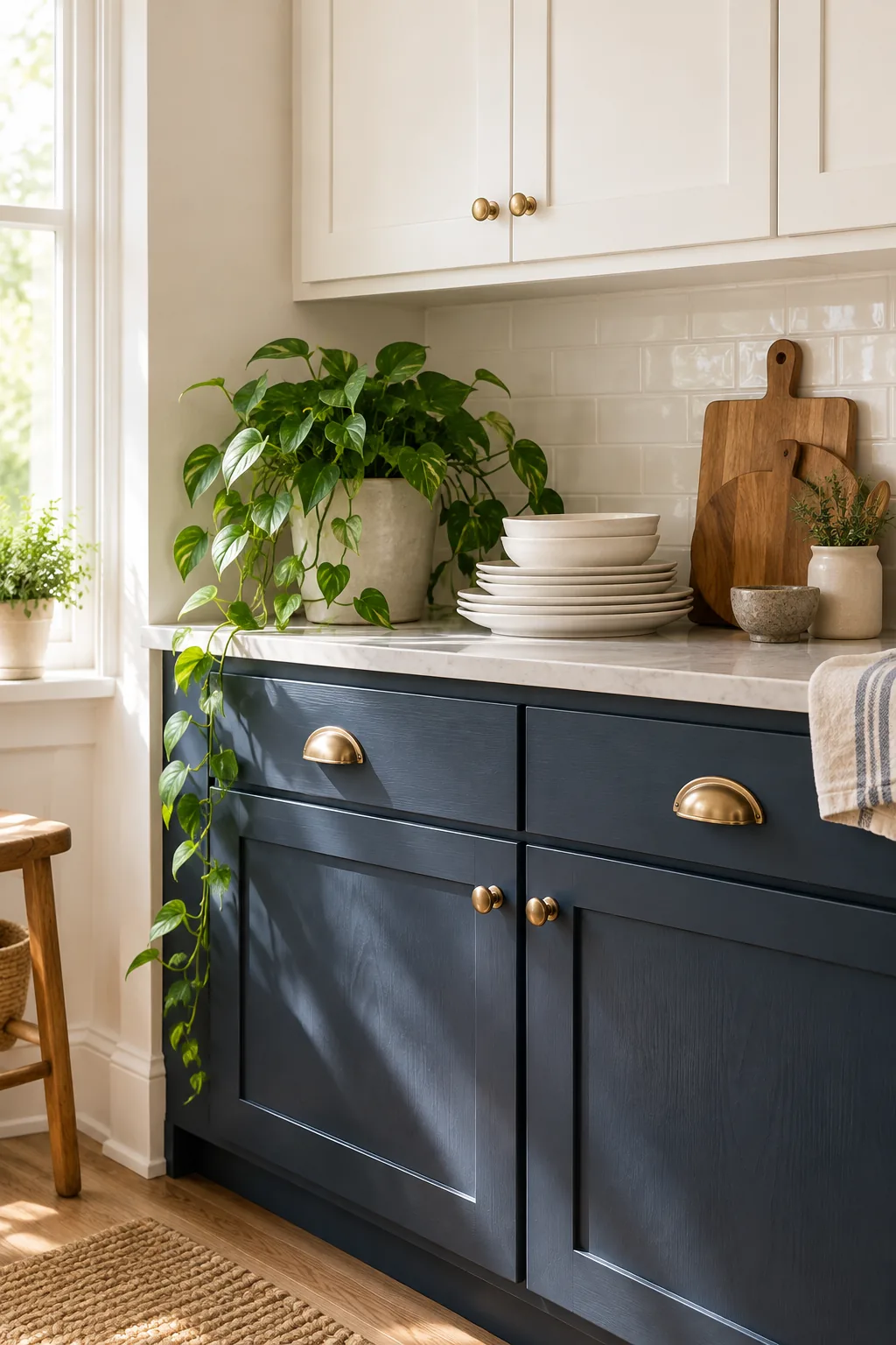 Sunlight reflecting off a dark blue cabinet door with a satin paint finish.