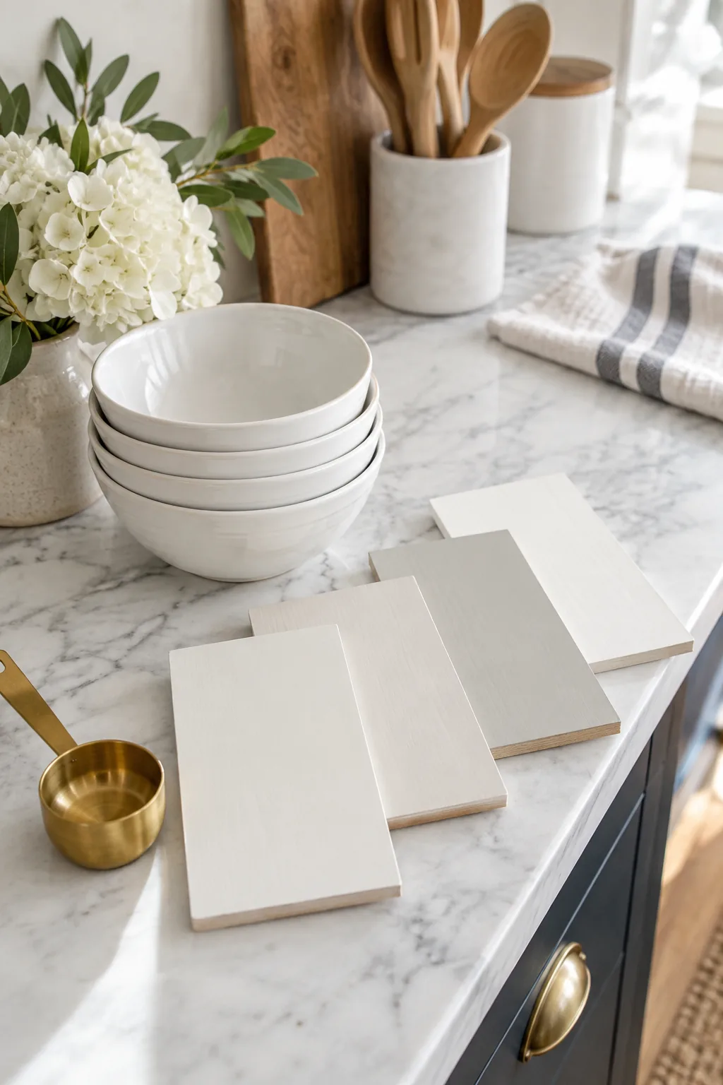 Painted wood color swatches resting on a white marble kitchen counter next to ceramic bowls.
