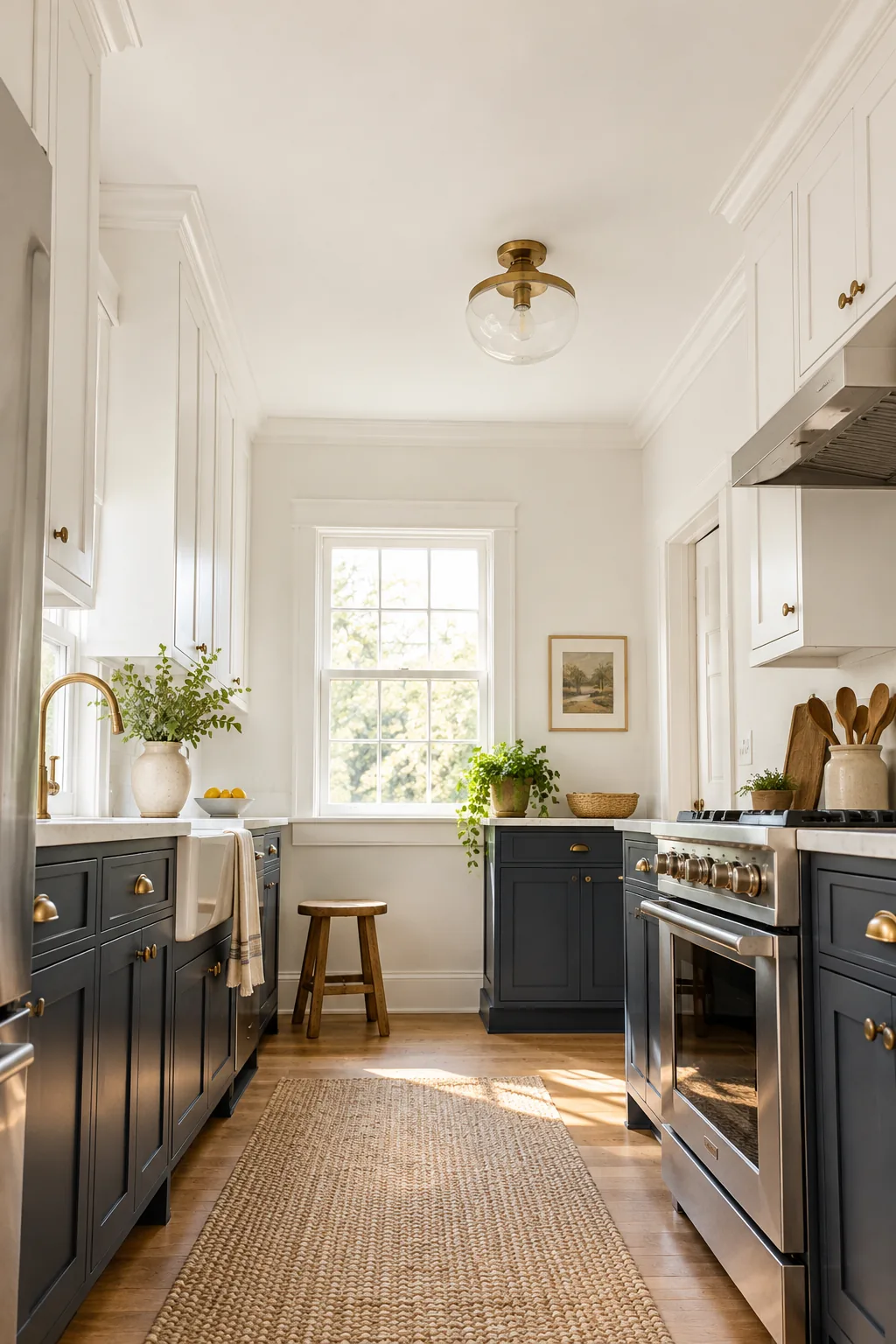 Seamless transition from a white painted kitchen wall to a white painted ceiling.