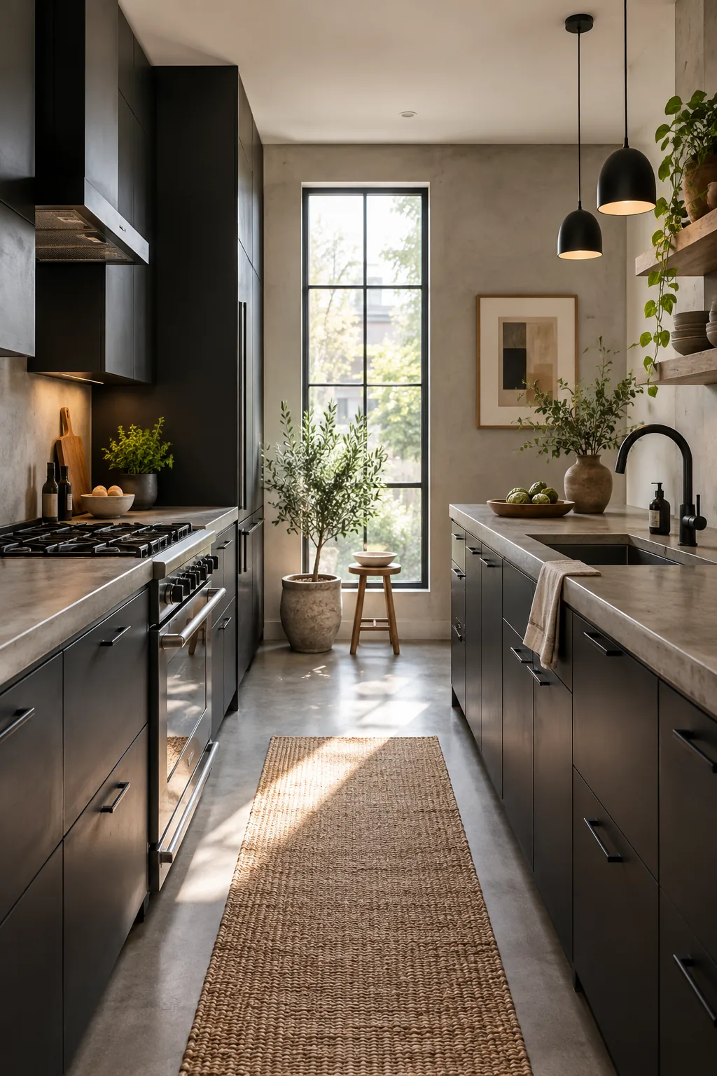 Galley kitchen with matte black flat-panel cabinets and concrete counters.
